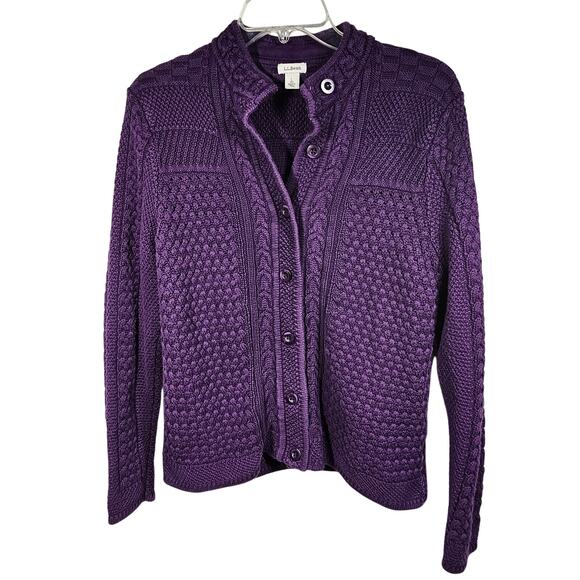 LL Bean Stitchworks Purple Cardigan Cable Knit Cotton Sweater L - Picture 1 of 11